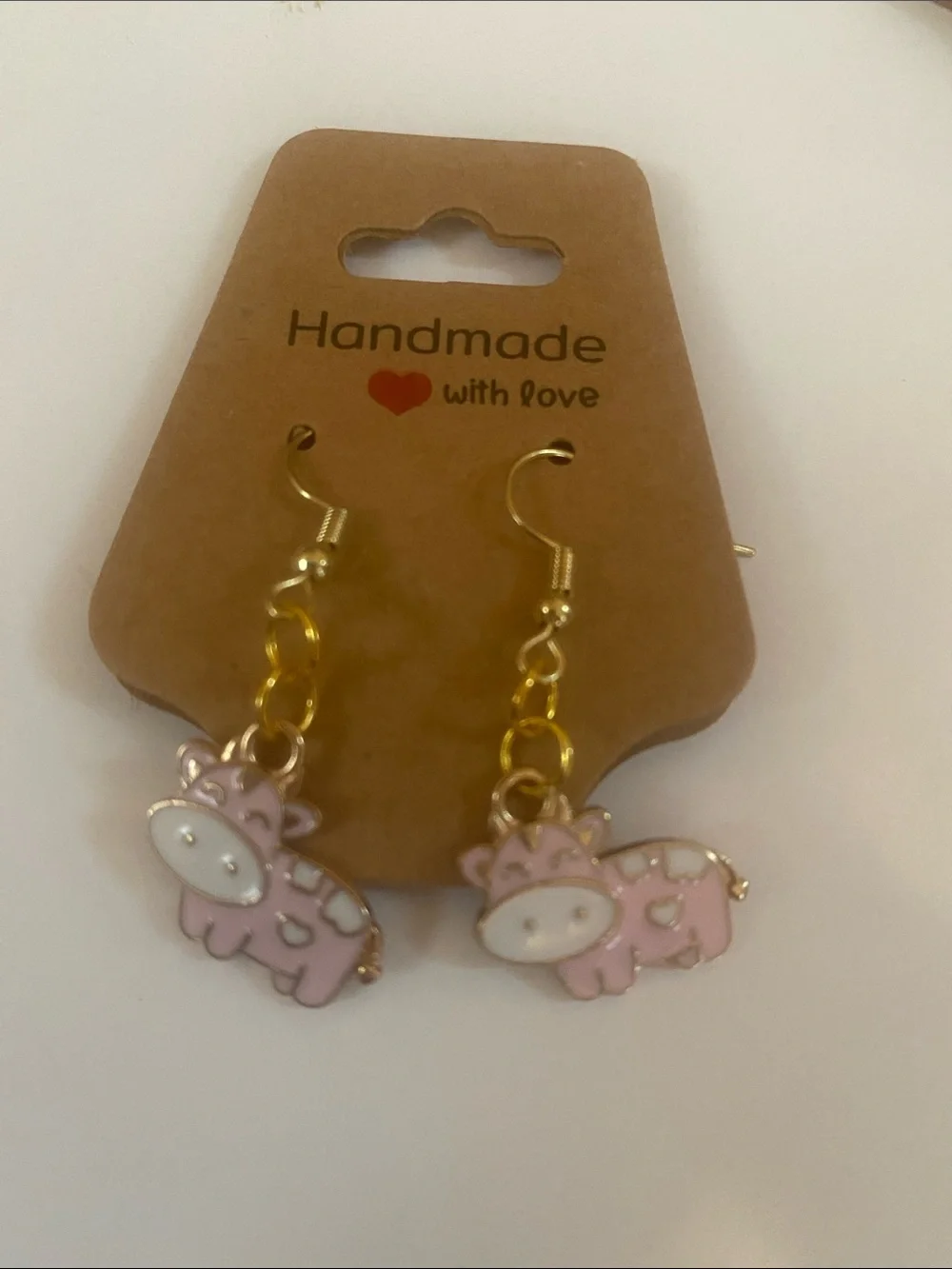 Handmade Kids Pink Cow Dangle Earrings with Gold Accents